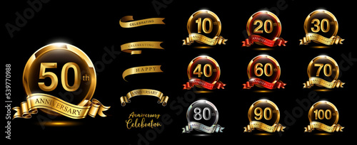 Set of anniversary logotype and gold ribbon.