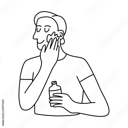 Vector doodle hand drawn  illustration of a man applying skincare treatment, skincare routine