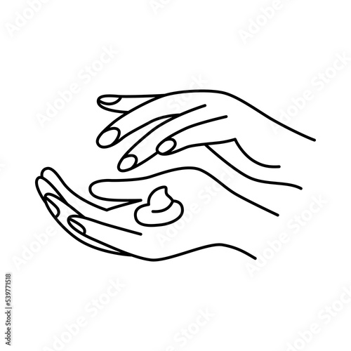 Vector doodle hand drawn illustration of hands applying skincare treatment, applying hand cream