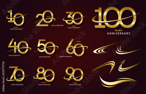 Set of anniversary logotype and gold ribbon.