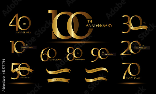 Set of anniversary logotype and gold ribbon.