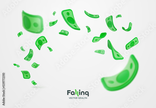 Falling dollars currency 3d cartoon vector illustration. Isolated cartoon US paper bills on white background. Winning jackpot web banner money hurricane