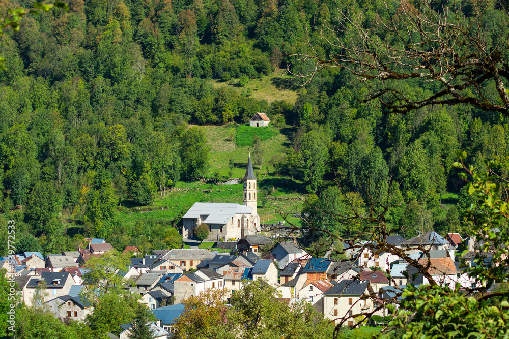 Aulus-les-Bains is a commune in the Ariège department in the Occitanie region of south-western France. Town near the Ars waterfall is a natural waterfall in the Pyrenees, France.