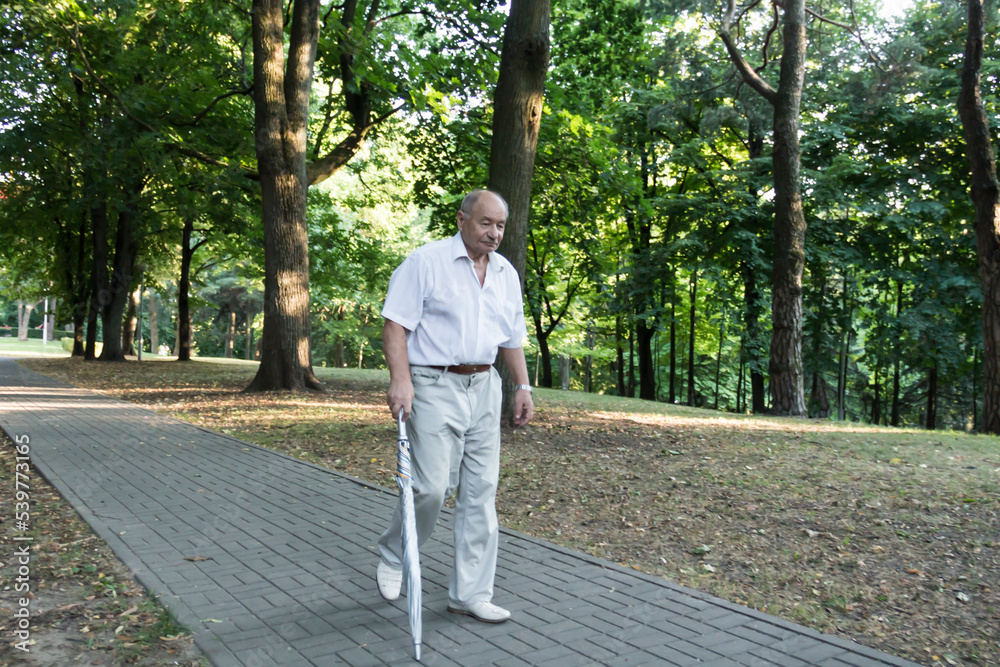 An old, stooped man walks sullenly and alone along the path in the park with a gray umbrella instead of a cane..