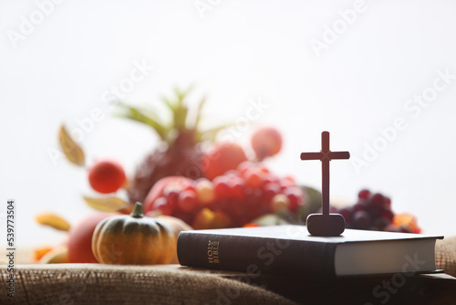 Photography Church Thanksgiving Day bountiful fruit decoration and background with bible and