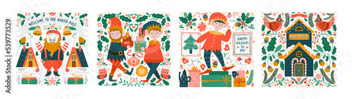 Greeting card with Christmas elves, Santa and scandinavian decorations