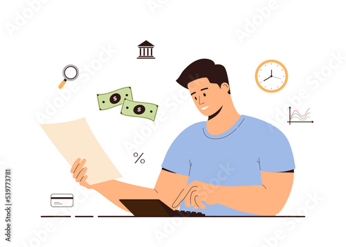 Tax payment vector illustration. Government taxation concept. Data analysis, paperwork, financial research, report. Male accountant calculates tax, fills in tax return.
