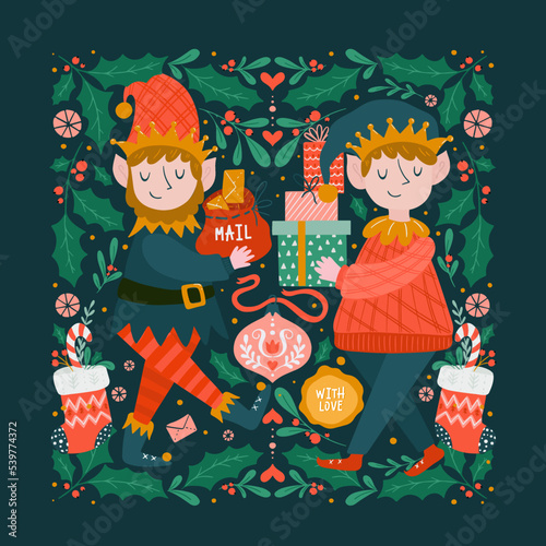 Greeting card with Christmas elves and scandinavian decorations