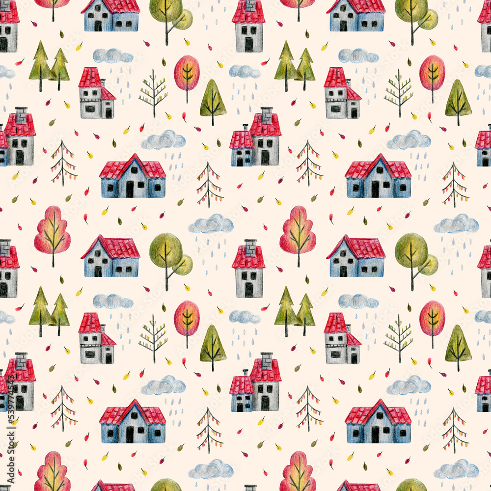 Seamless pattern drawn with colored pencils with cute colored houses with tiled roofs and autumn trees, clouds and rain, leaf fall. Hand-drawn ornament with houses, autumn leaves, trees and rain Seamless pattern drawn with colored pencils with cute colored houses with tiled roofs and autumn trees, clouds and rain, leaf fall. Hand-drawn ornament with houses, autumn leaves, trees and rain