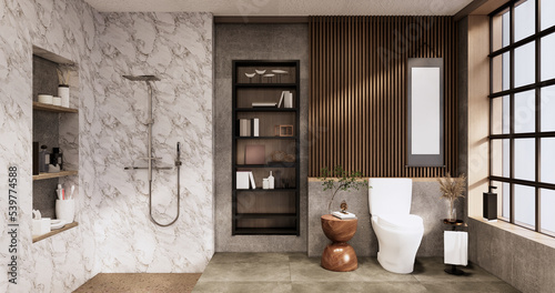 The Bath and toilet on bathroom japanese wabi sabi style .3D rendering