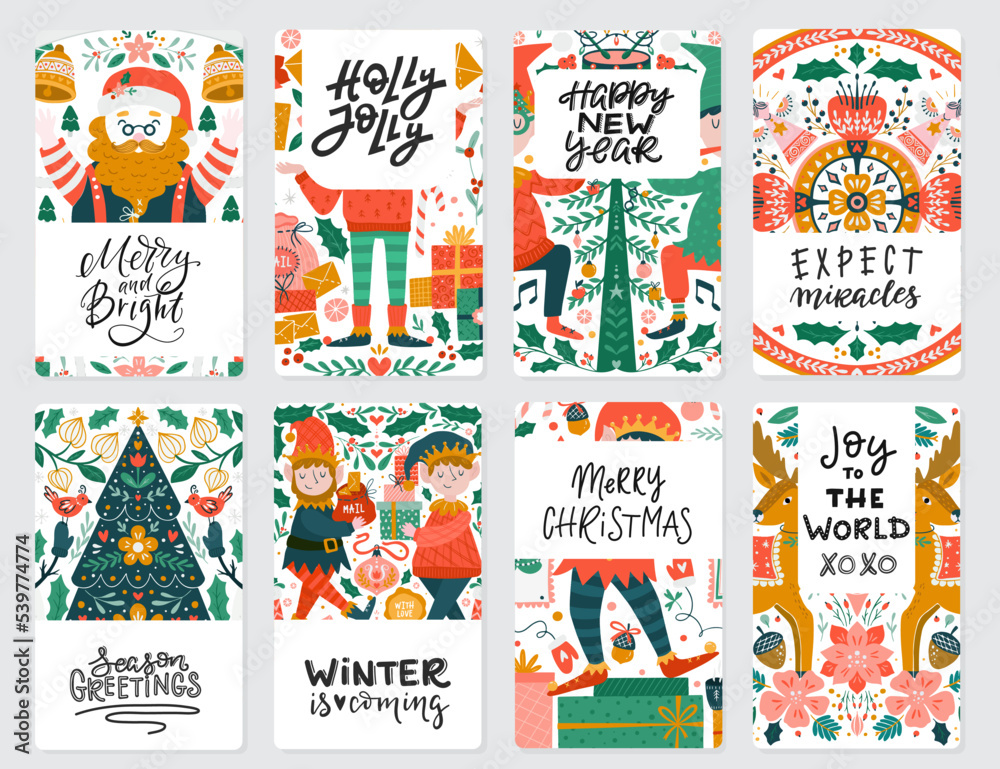 Greeting card with Christmas elves, Santa Clause and scandinavian decorations