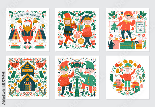 Greeting card with Christmas elves, Santa Clause and scandinavian decorations