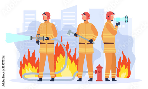 Flat firefighter department team group. Male characters in uniform holding equipment as hose, axe and megaphone