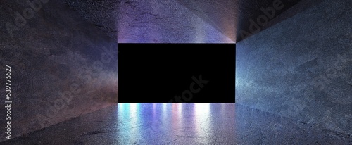 Fototapeta Naklejka Na Ścianę i Meble -  Neon concrete room with glow background. Stone purple rough walls with 3d render reflection of night city lights. Futuristic corridor to techno synthwave party