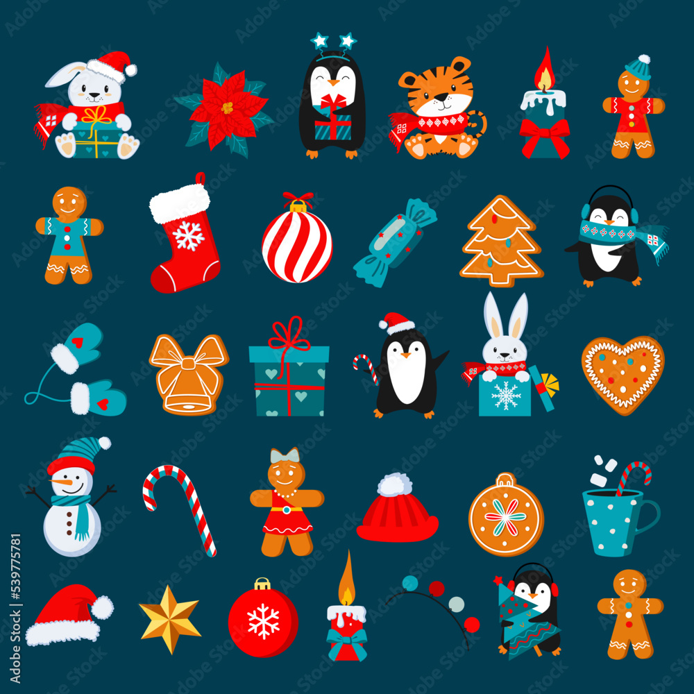 Fototapeta premium Christmas cute characters and elements. Color vector elements. 