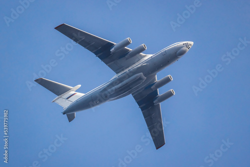 Russian turbofan strategic airlifter is in blue sky