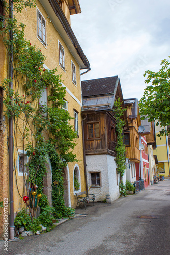  street in famous Hallstatt mountain village with Hallstatter lake See