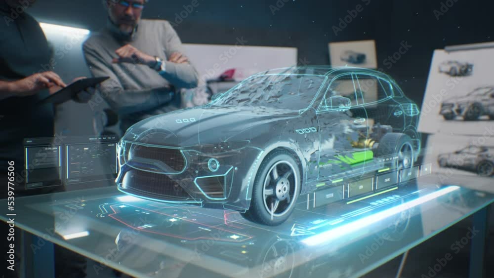 Two male engineers using digital tablet App, developing 3D model of a sustainable eco friendly electric vehicle. Designers testing car bodys air streamline properties testing aerodynamic parameters