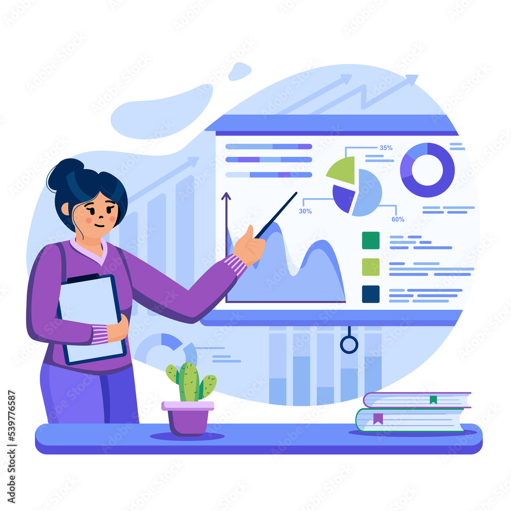 Big data analysis concept. Analyst research business statistics on charts. Woman analyzes data and makes working report. Template of people scenes. Illustration with characters in flat design