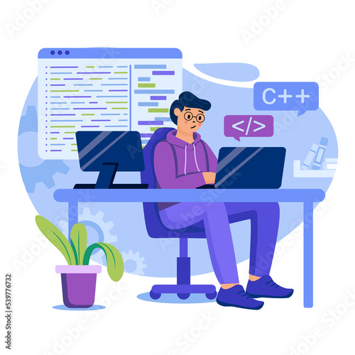 Programming software concept. Man developer is programming on laptop. Programmer coding code, working at app project. Template of people scenes. Illustration with characters in flat design