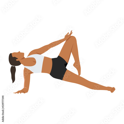 Woman doing Side plank with tree legs exercise. Flat vector illustration isolated on white background