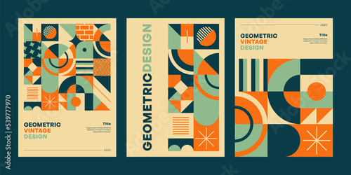 Retro geometric posters. Minimalist composition with geometrical shapes. New Modernism vector poster template design. Abstract graphics artwork.