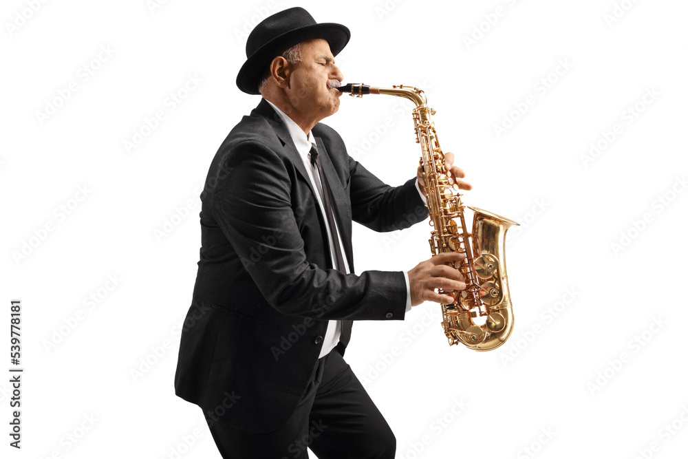 Naklejka premium Mature musician playing a saxophone