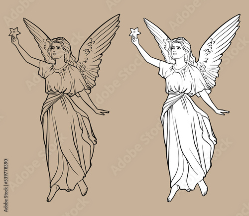 Sketch of an angel with a star. Christmas Christian Christmas drawing with black lines isolated on white background and transparent background. For coloring books and your design.