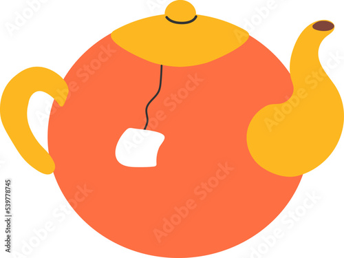 Tea pot vector illustration isolated on transparent background. Vintage teapot of orange and yellow colors with tea bag in it. Simple flat style design