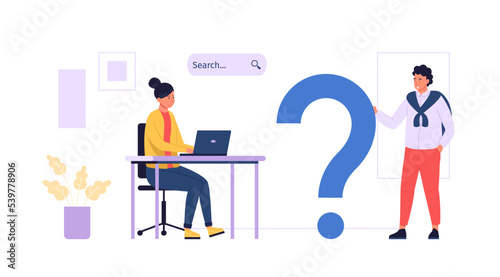 Man holding big question mark, woman sitting at desk with laptop and searching for answer. Getting information