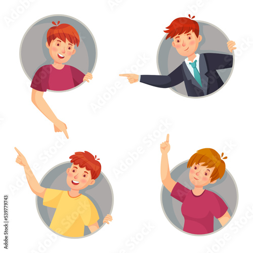 People pointing out window holes. Boys and girl looking surprised and curious. Female an male characters