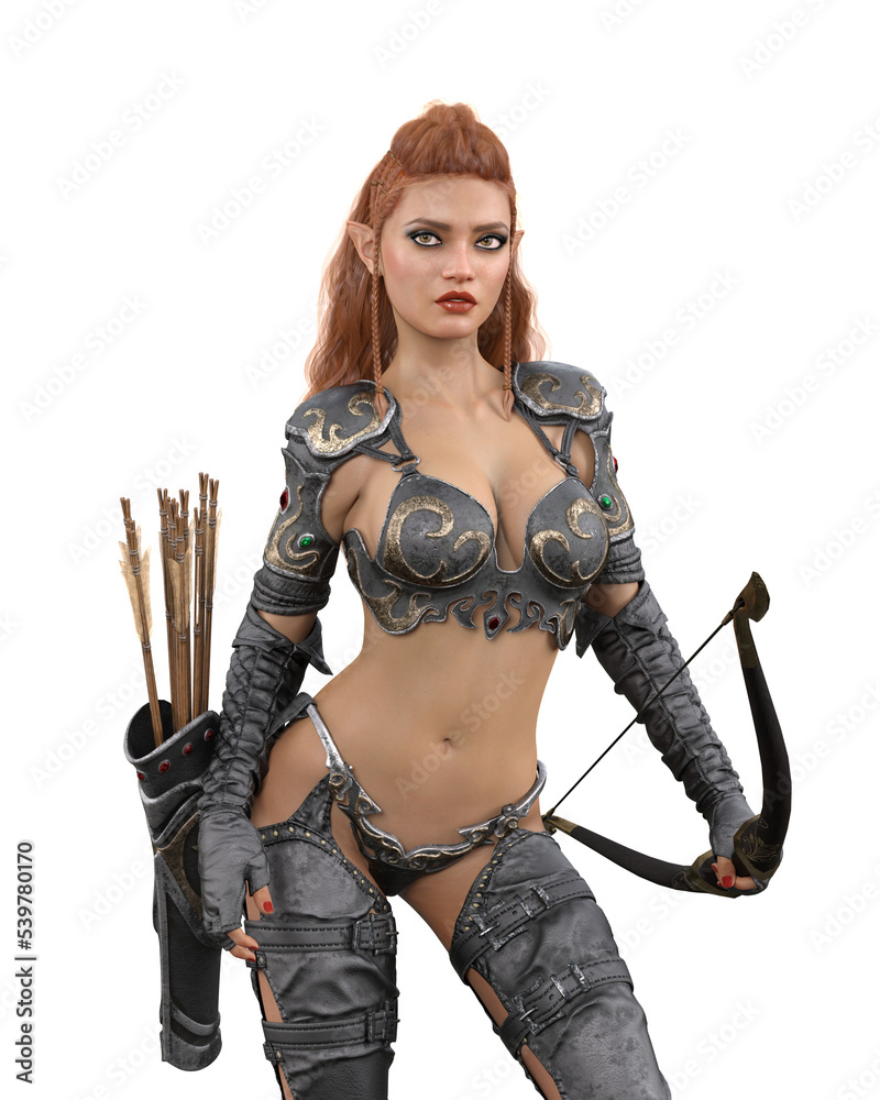 Beautiful redhead fantasy elf woman archer holding a bow with arrows in a quiver on her hip. 3D illustration isolated on transparent background. Beautiful redhead fantasy elf woman archer holding a bow with arrows in a quiver on her hip. 3D illustration isolated on transparent background.