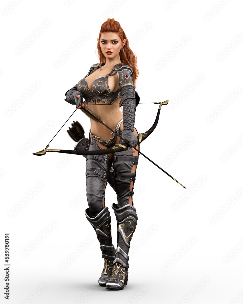 Sexy female dark elf archer fantasy character standing with arrow drawn in her bow. 3D rendering isolated on transparent background. Sexy female dark elf archer fantasy character standing with arrow drawn in her bow. 3D rendering isolated on transparent background.