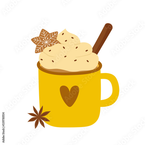Cup of hot chocolate with whipped cream, gingerbread cookie, cinnamon stick and star anise. Template for cozy autumn or winter design. 
