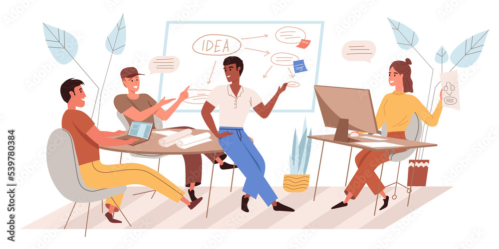 Creative team web concept in flat style. Colleagues brainstorming, creates ideas, discussion and collaboration, teamwork. People character activities scene. Illustration for website template