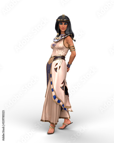 3D rendering of a beautiful Egyptian woman queen or princess like Cleopatra isolated on a transparent background.