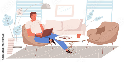 Freelance working web concept in flat style. Man works at laptop sitting on couch in living room. Comfortable workplace. People character activities scene. Illustration for website template
