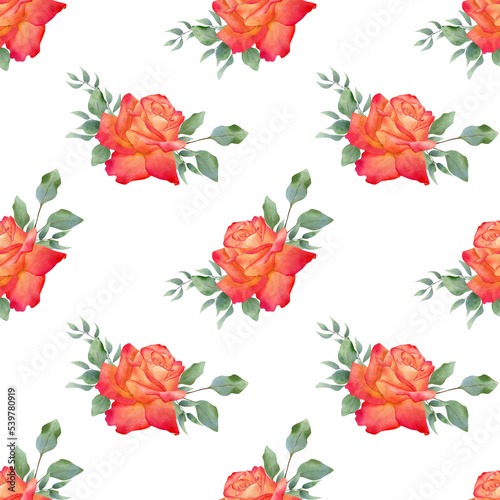 Seamless red roses pattern. Watercolor floral background with bright rose and green eucalyptus leaves and branches for textile  wallpapers