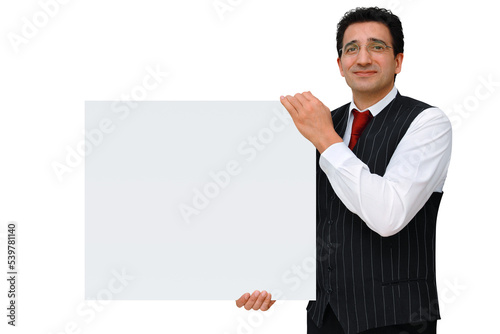 Gesture series: salesman holding up a sign.