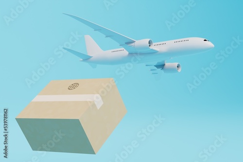 delivery of parcels around the world by plane. a flying plane and a box with a parcel on a blue background. 3D render