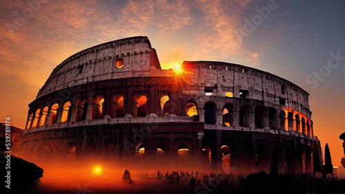 AI generated image of sunrise at the Colosseum in Rome