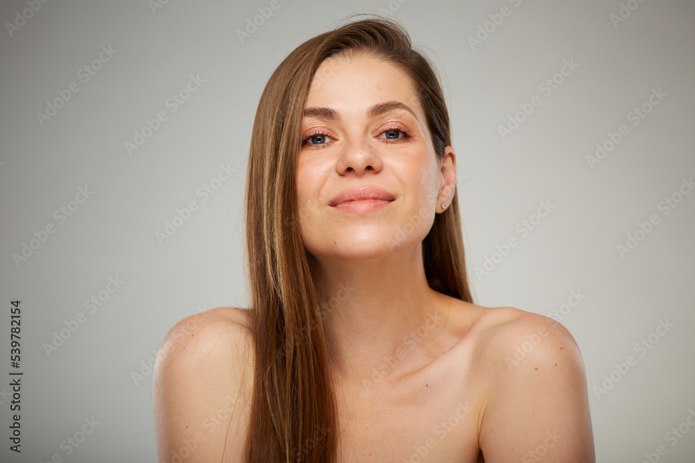 Isolated studio advertising portrait of smiling girl. Isolated studio advertising portrait of smiling girl.