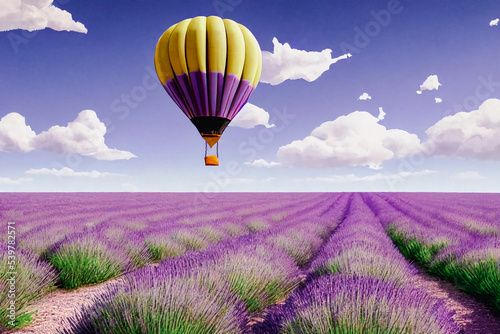 Lavender field, beautiful view, flying balloon, white-maned clouds, fantastic landscape