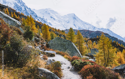 autumn mountain trail with glacier in background