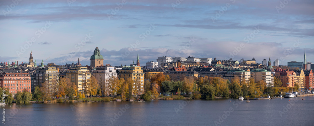 Panorama view over the island district Kungsholmen down town, a sunny autumn in Stockholm