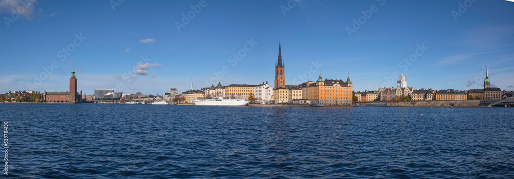 Panorama view over down town, Town City Hall, hotel boat, old town Gamla stan a sunny autumn in Stockholm