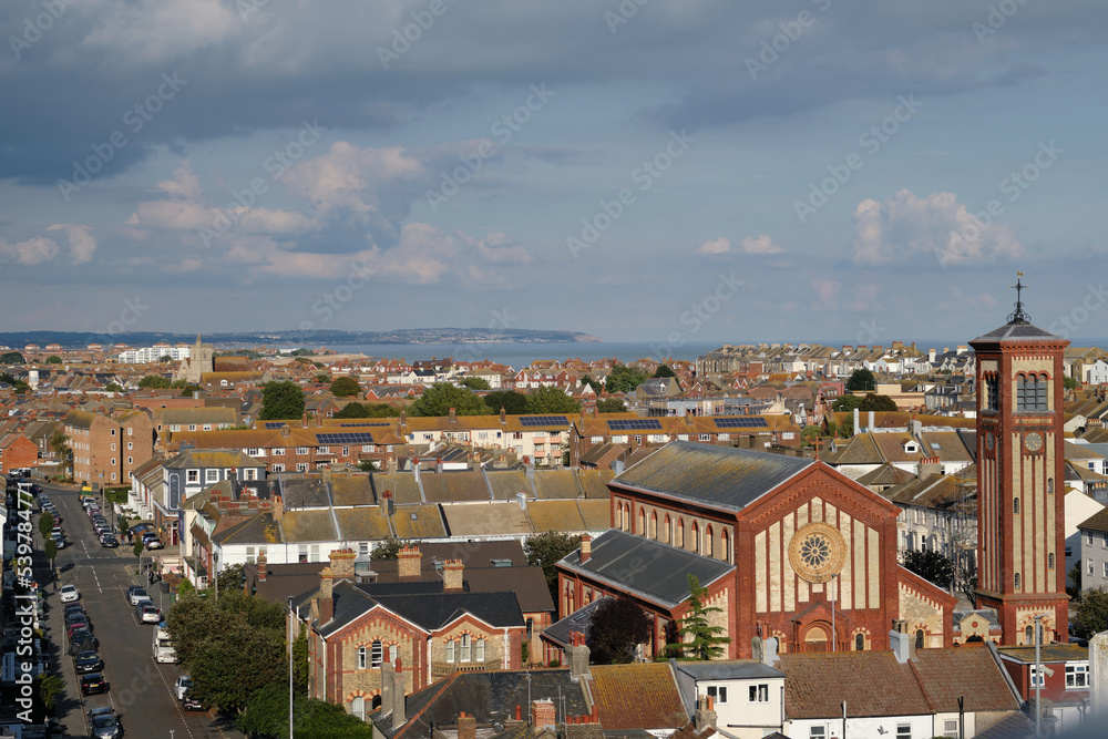 Eastbourne, East Sussex, UK - September 29, 2022. Panoramic view of Eastbourne town centre. High angle view.