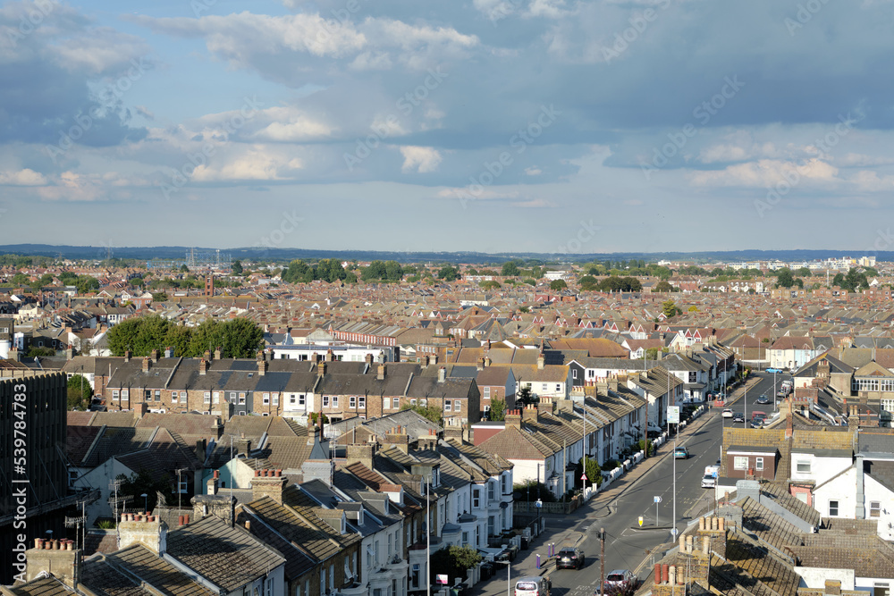 Eastbourne, East Sussex, UK - September 29, 2022. Panoramic view of Ashford road in Eastbourne town centre. High angle view.
