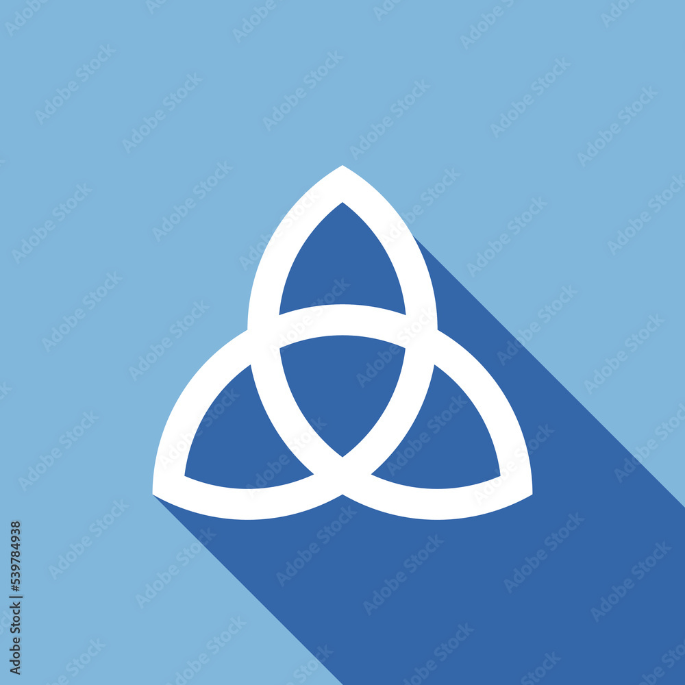 Triquetra icon. Celtic knot sign isolated on blue background. White icon trefoil with long shadow. Scandinavian protective amulet. Banner with nordic tattoos. Vector illustration Triquetra icon. Celtic knot sign isolated on blue background. White icon trefoil with long shadow. Scandinavian protective amulet. Banner with nordic tattoos. Vector illustration