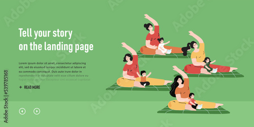 Yoga exercises of mothers with kids in gym. Group of happy young moms with children doing sport workout, gymnastics for health of body flat vector illustration. Family healthy activity concept